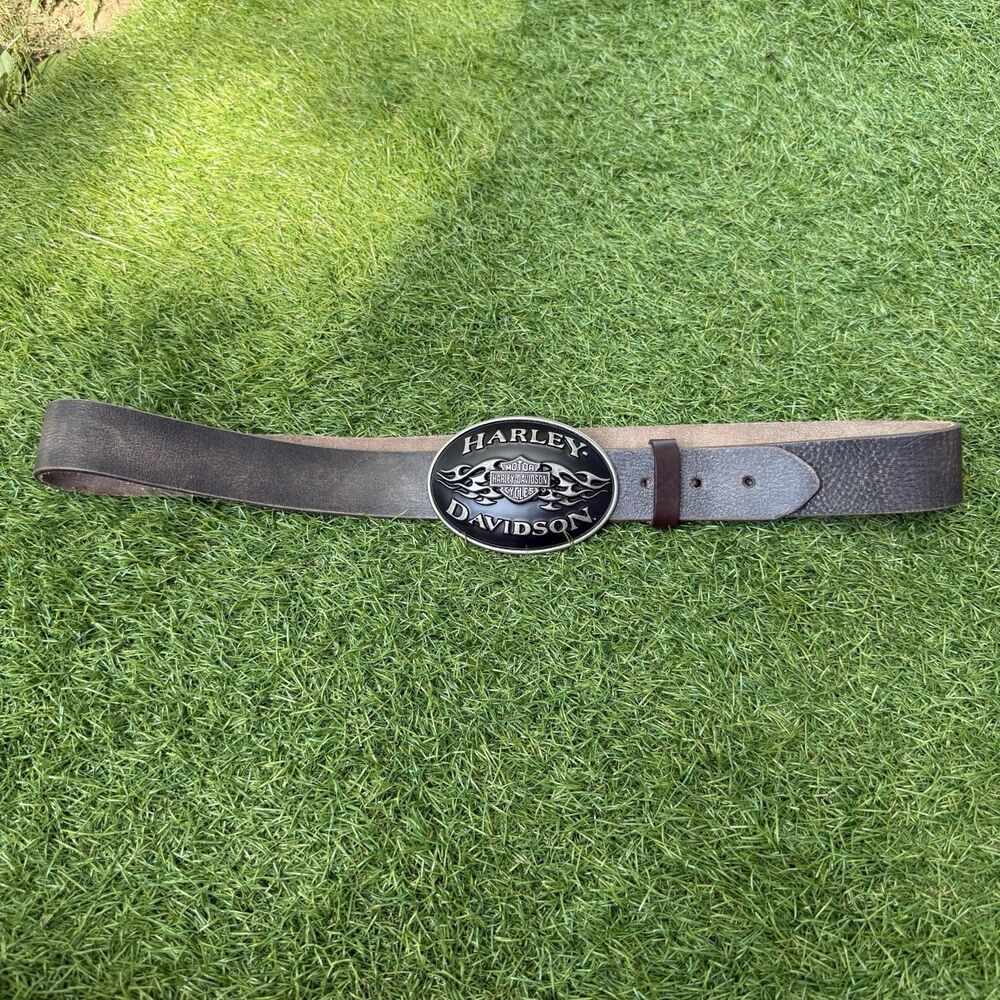 Y2K Harley Davidson Mens Belt Buckle Black Flame Brushed Chrome Biker Grunge